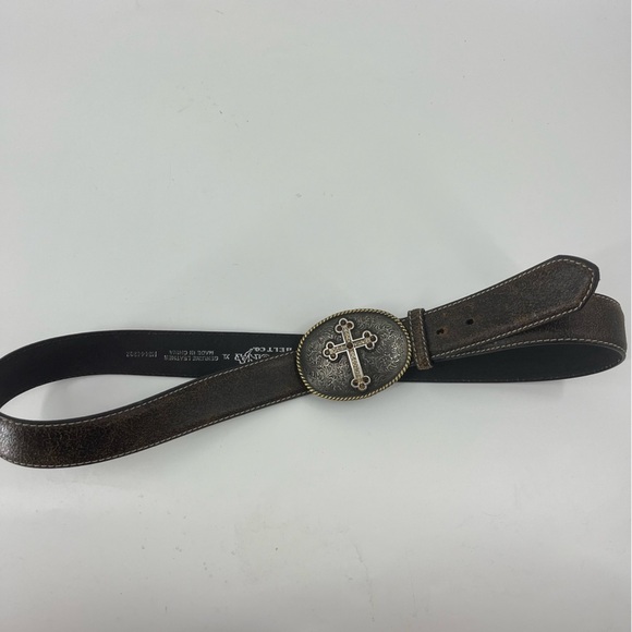 Nocona Luxury Leather Belt with silver Cross buckle/ brushed gold. - Picture 1 of 11